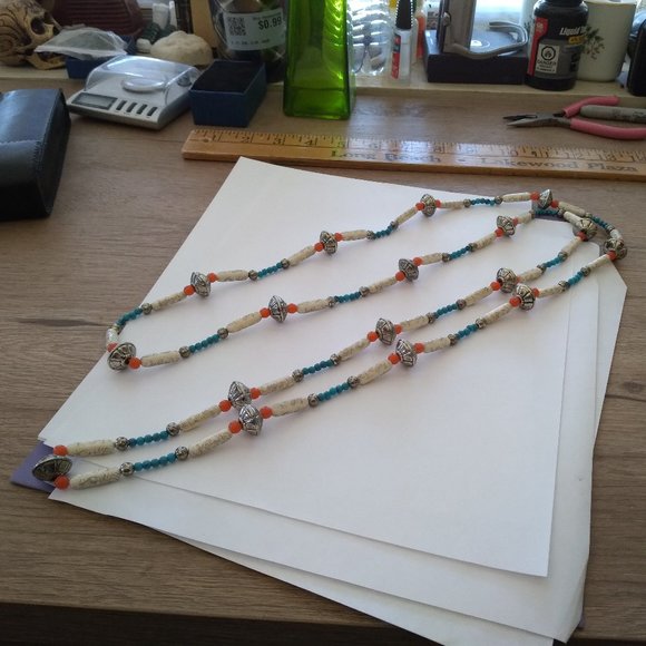 Imported simulated blue turquoise beaded tribal style long strech necklace coral - Picture 3 of 6